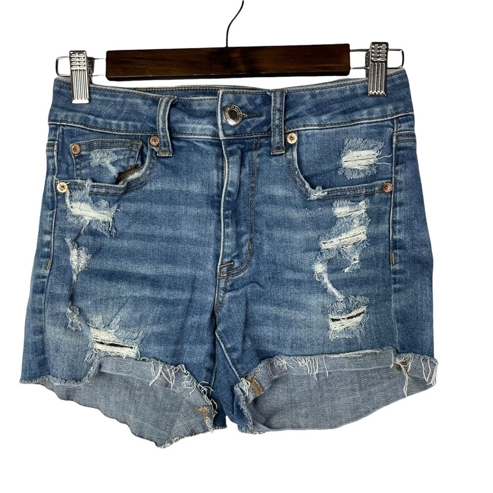 American Eagle Aeo Medium Wash Distressed Hi Rise Shortie Shorts 2